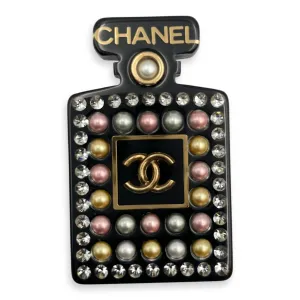 21P Perfume Bottle Multi-colour Brooch in Pearls, Crystals, Resin, Gold hardware