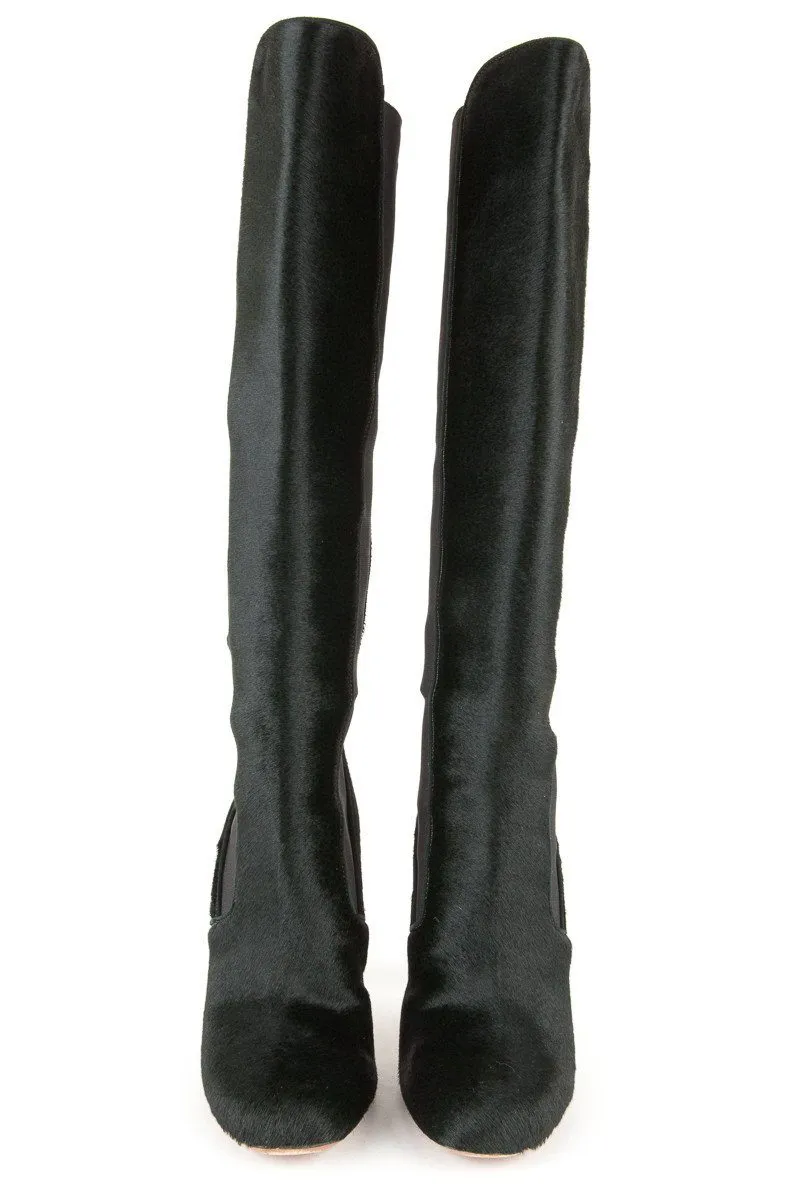 Alaa 38 Dark Green Pony Hair Knee High Boots