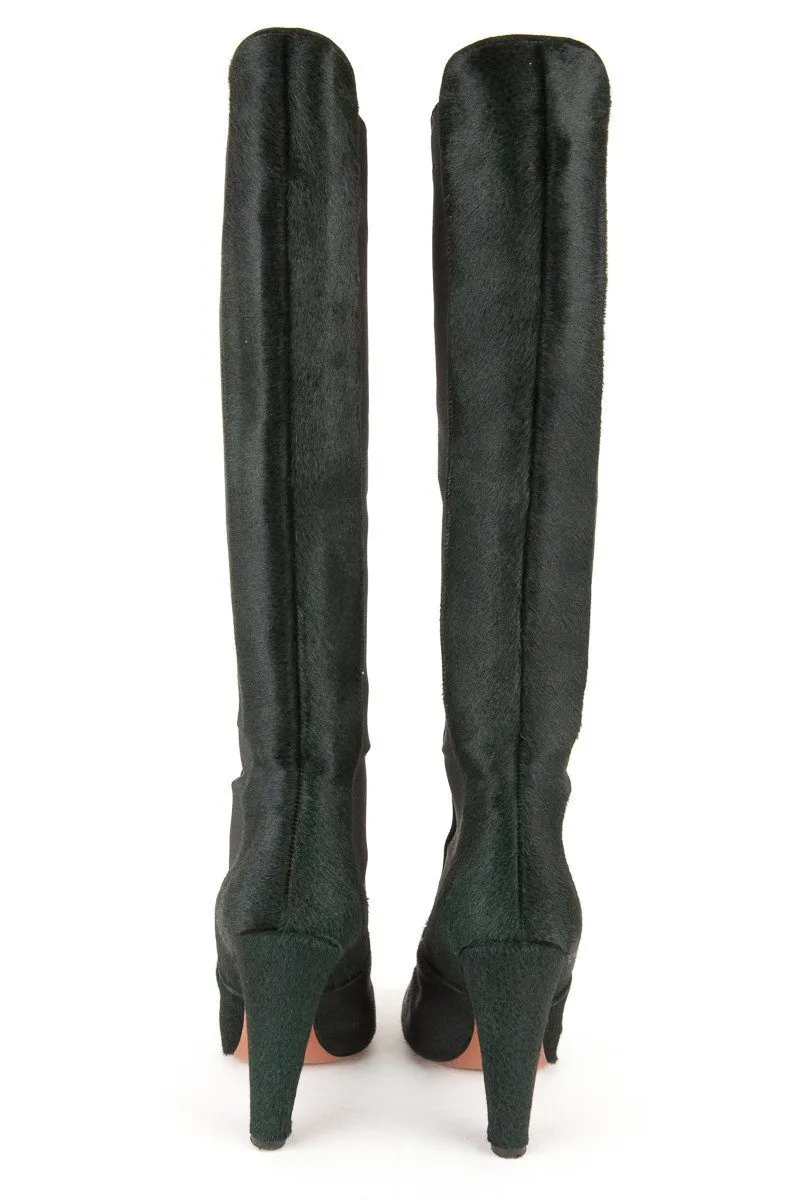 Alaa 38 Dark Green Pony Hair Knee High Boots