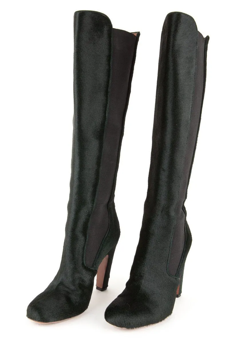 Alaa 38 Dark Green Pony Hair Knee High Boots