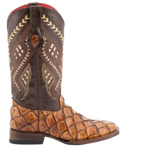 Bronco Pirarucu Print Embroidered Square Toe Cowboy Boots