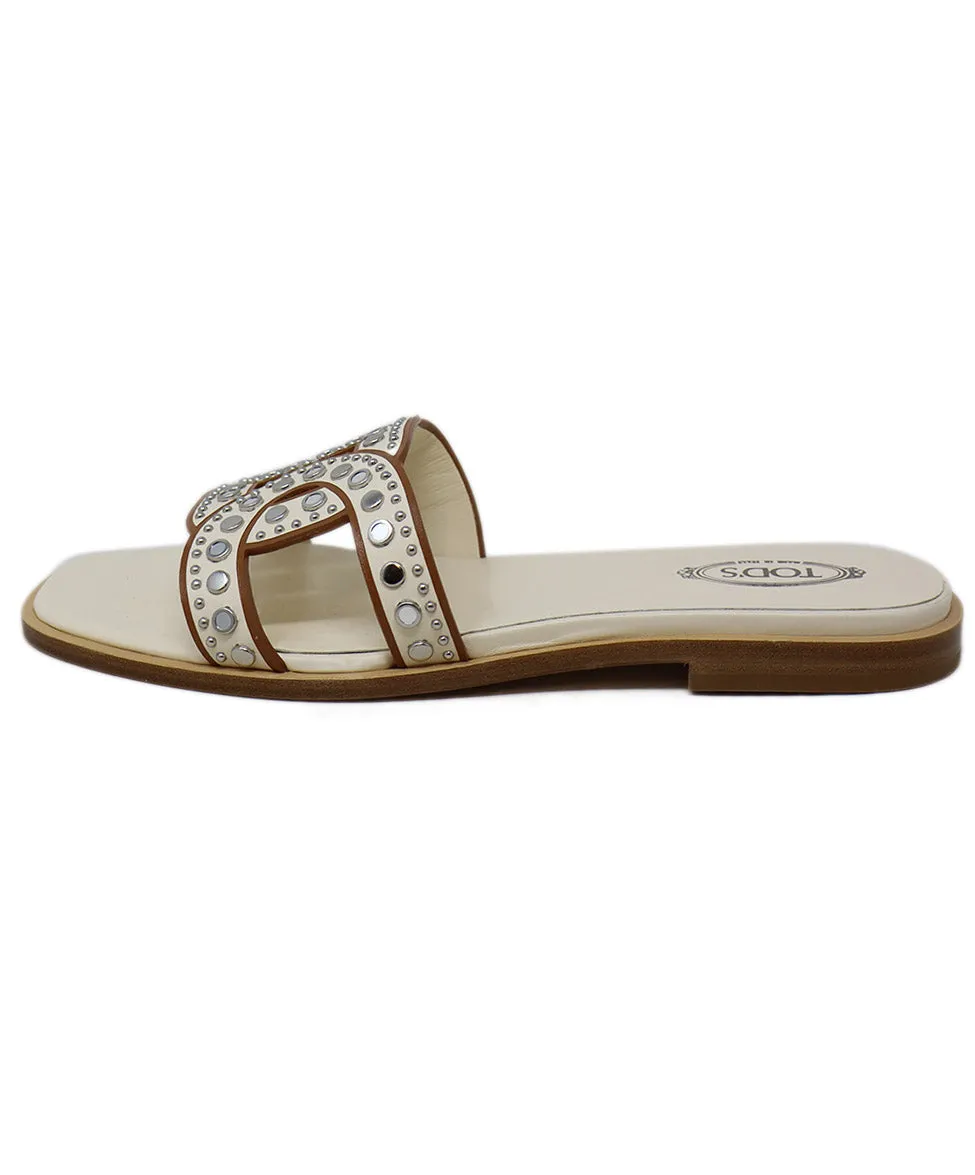 Tod's Bone Leather & Silver Grommet Sandals sz 8.5