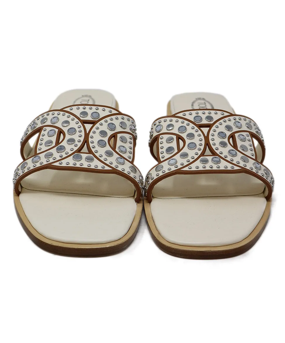 Tod's Bone Leather & Silver Grommet Sandals sz 8.5