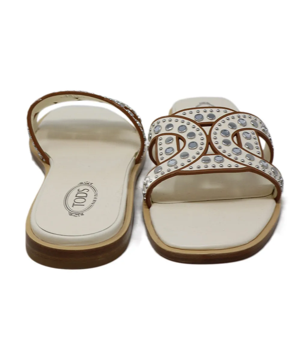 Tod's Bone Leather & Silver Grommet Sandals sz 8.5
